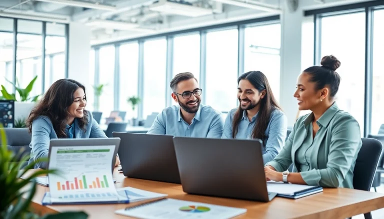 Marketing Agency professionals collaborating in a vibrant office environment with digital tools.