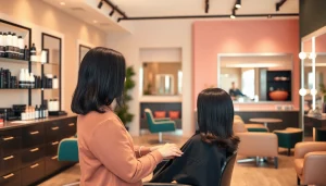 Stylish hair salon in San Diego showcasing hair salons san diego, featuring friendly stylist and inviting ambiance.
