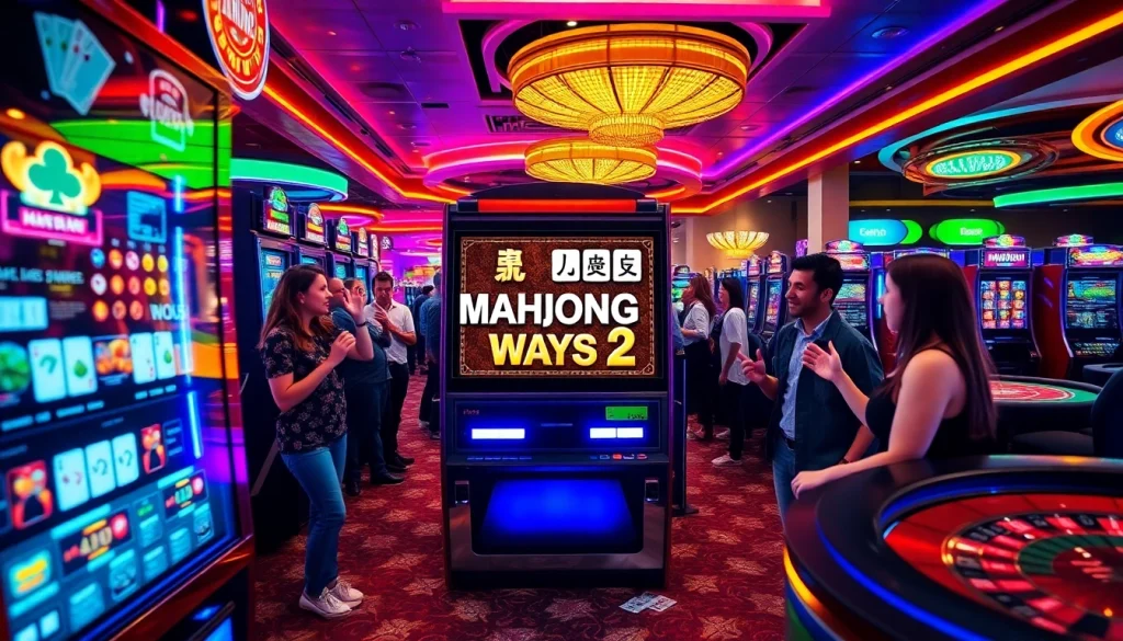 Experience Mahjong Ways 2 on an exciting casino floor with vibrant slot machines and lively players.