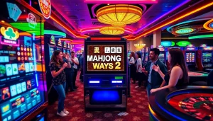 Experience Mahjong Ways 2 on an exciting casino floor with vibrant slot machines and lively players.