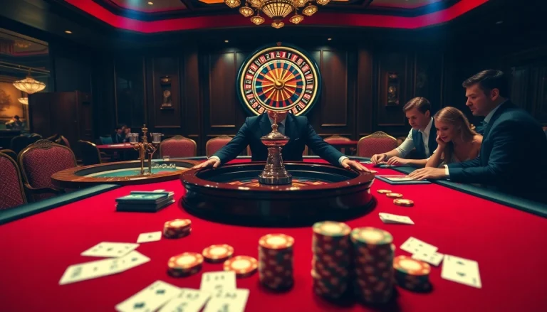 Exciting gambling scene at https://i5bet.it.com/ featuring poker chips, cards, and a roulette wheel.