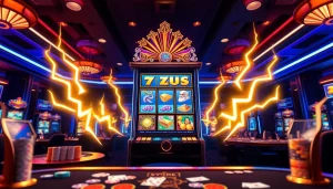 Experience thrilling spins on the slot zeus machine with vibrant casino decor and lightning effects.
