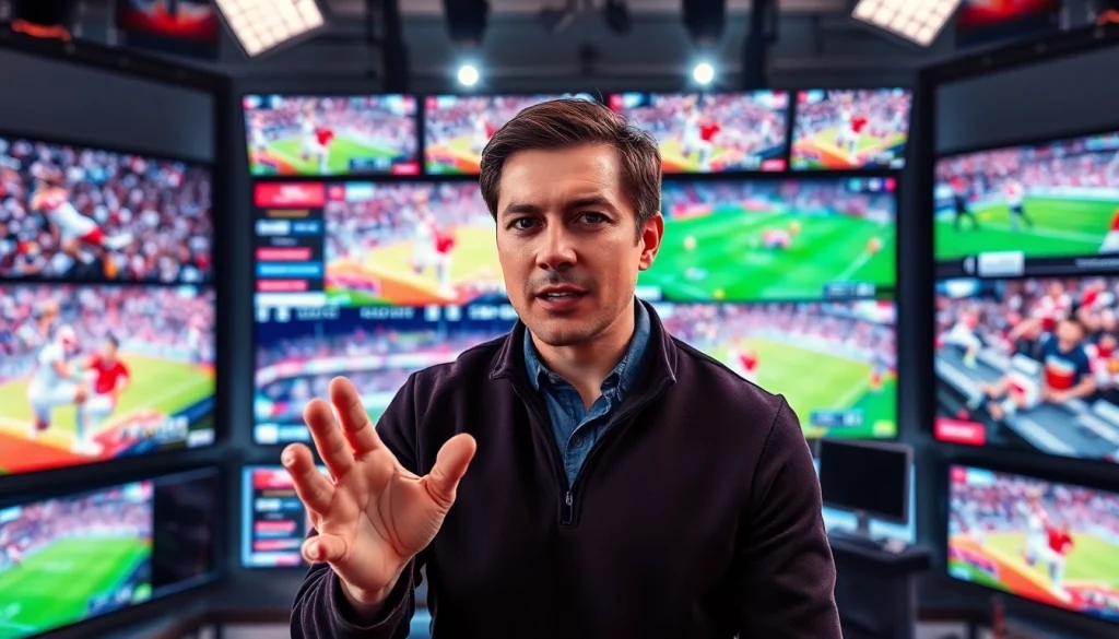 Engaging sports broadcasting scene featuring a dynamic presenter and multiple screens showcasing live sports action.
