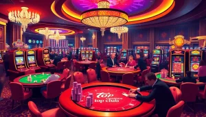 The top club casino scene featuring luxurious game tables, poker chips, and vibrant slot machines, creating an exciting gambling atmosphere.
