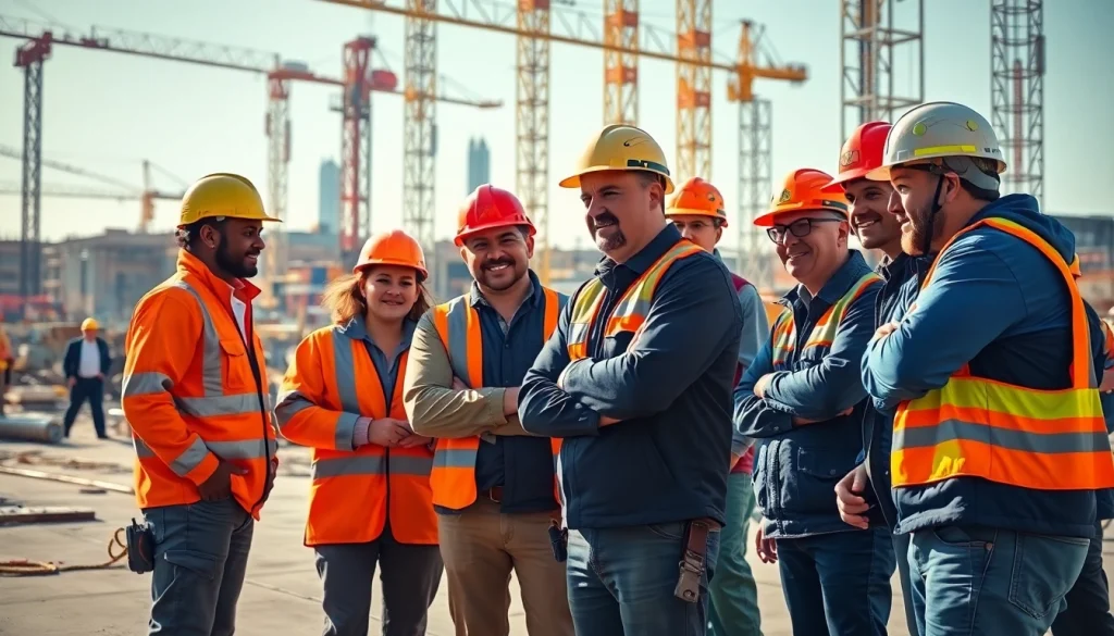 Showcasing dynamic careers in construction with workers engaged on a busy job site.
