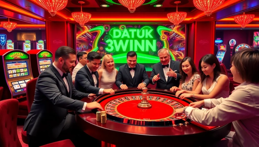 Rasakan kegembiraan Datuk Win di kasino yang ramai dengan rolet dan pemain yang antusias.