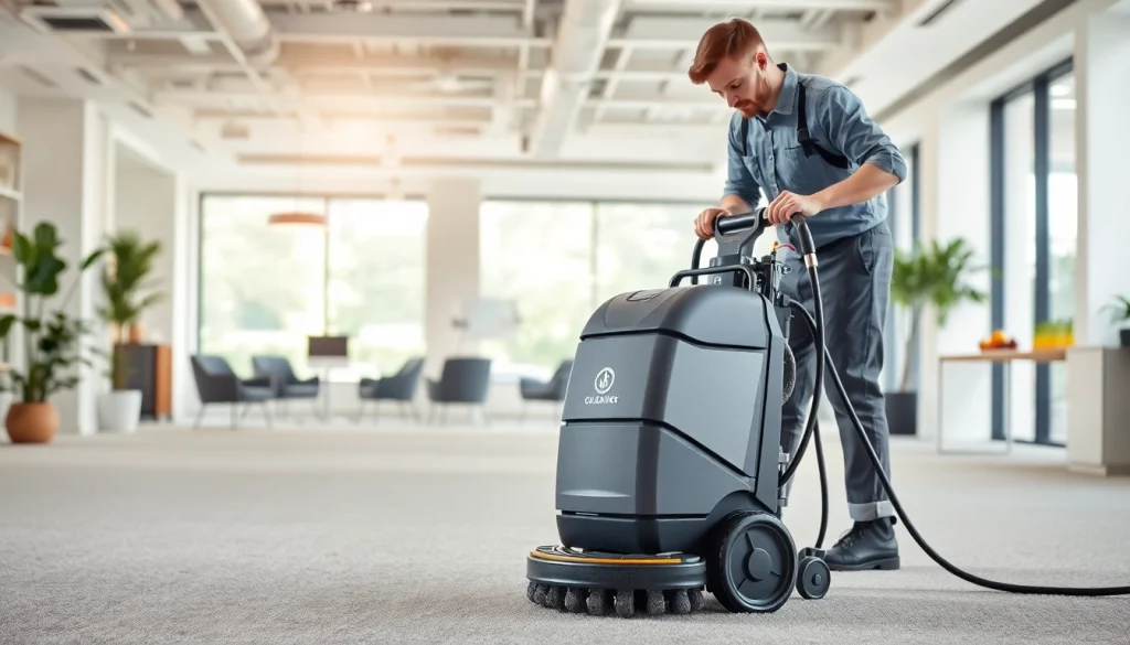 Experience top-notch commercial carpet cleaning with a professional technician serving a modern office.