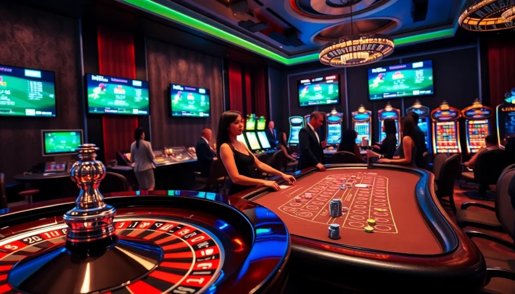 Exciting casino atmosphere showcasing cập nhật kết quả bóng đá with roulette and blackjack tables.