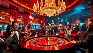 Players celebrating wins at a luxurious casino, showcasing excitement and casino elements from https://rr888.in.net/.