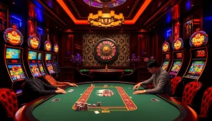 Exciting casino scene featuring MM88 poker table, slot machines, and roulette wheel