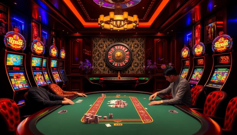 Exciting casino scene featuring MM88 poker table, slot machines, and roulette wheel