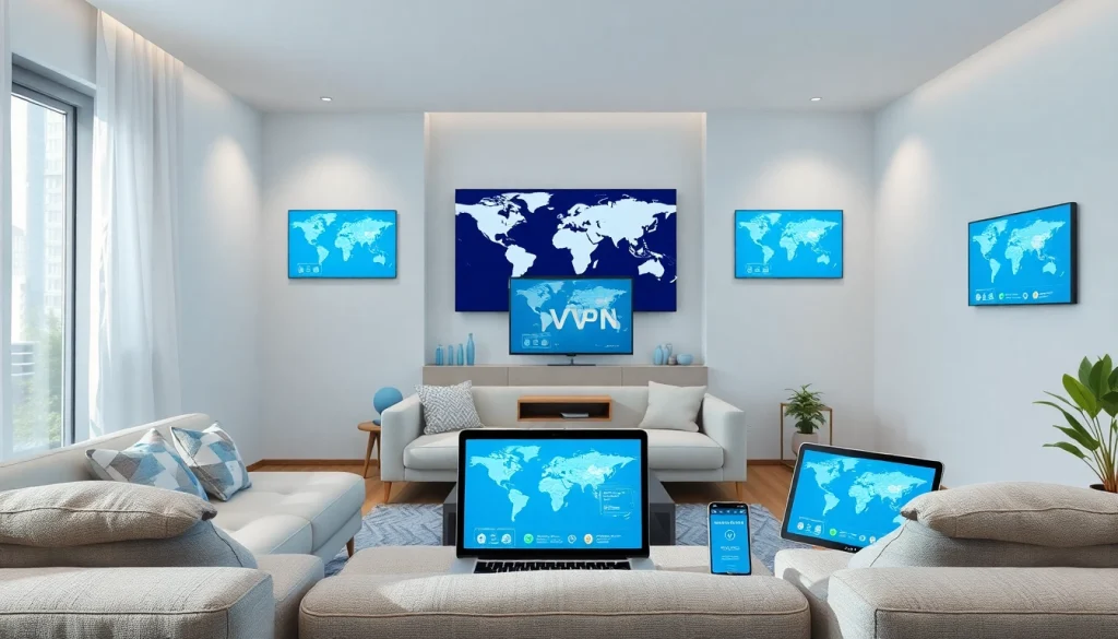现代设备上显示的快连VPN连接界面，呈现在时尚客厅中。