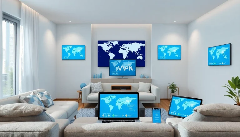 现代设备上显示的快连VPN连接界面，呈现在时尚客厅中。