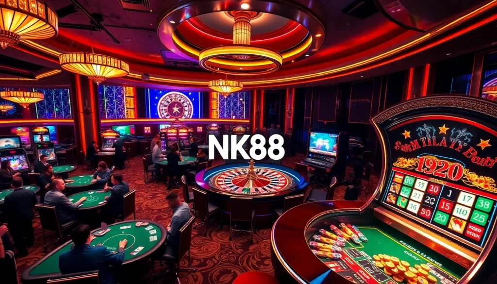 Players enjoying intense poker at a luxurious casino featuring NK88 vibrant games.