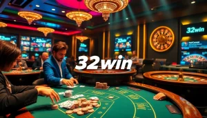 Engaging players enjoying a vibrant 32win casino experience featuring poker chips and roulette wheels.