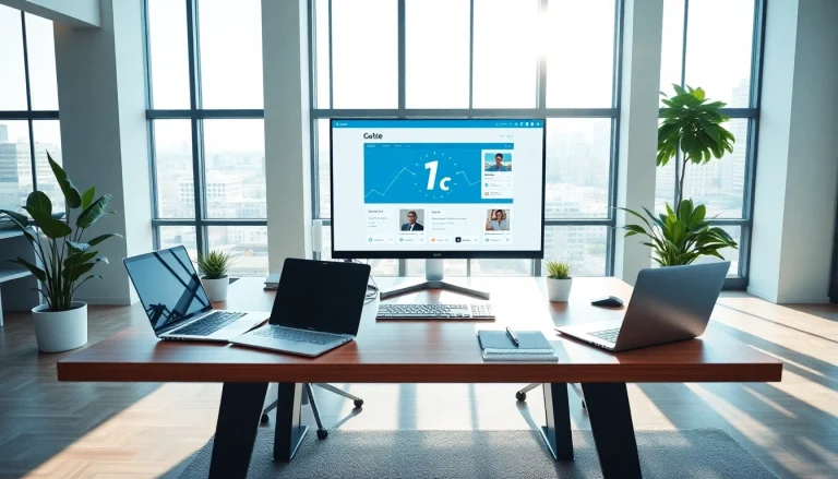 Showcase of the 1cplatform interface in a modern office promoting productivity and collaboration.