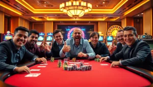 MM88 thrilling casino scene with professional poker players, vibrant chips, and roulette.