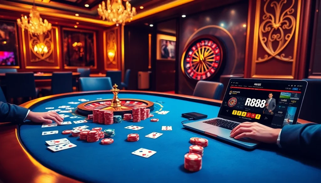RR88 players enjoying a thrilling casino experience with vibrant chips and cards.