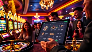 Engage with רמי אונליין in a luxurious casino setting featuring vibrant digital gaming interfaces.