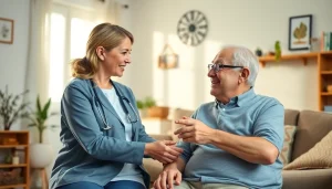Engaging in home care austin tx, a caregiver offers support to an elderly individual in a cozy setting.