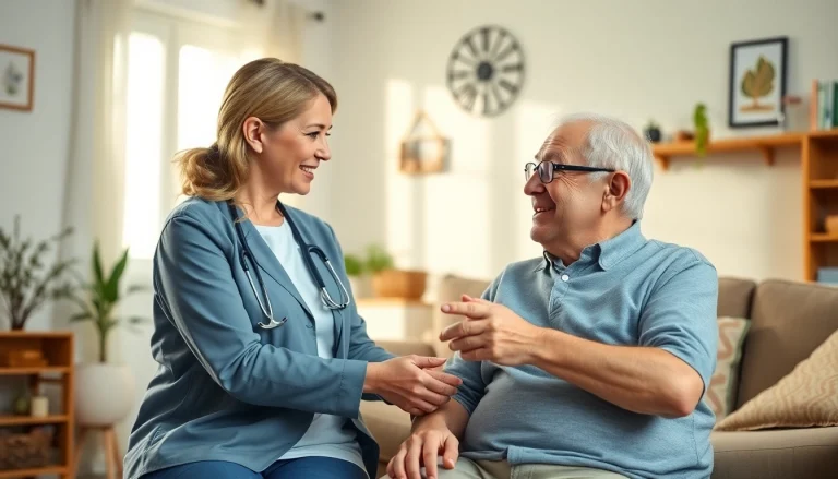 Engaging in home care austin tx, a caregiver offers support to an elderly individual in a cozy setting.