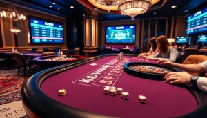 KUWIN gaming table with players betting, colorful chips, cards, and roulette wheel in a luxurious casino.