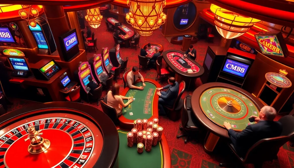 Experience CM88 excitement at a vibrant casino, featuring roulette tables and colorful poker chips.
