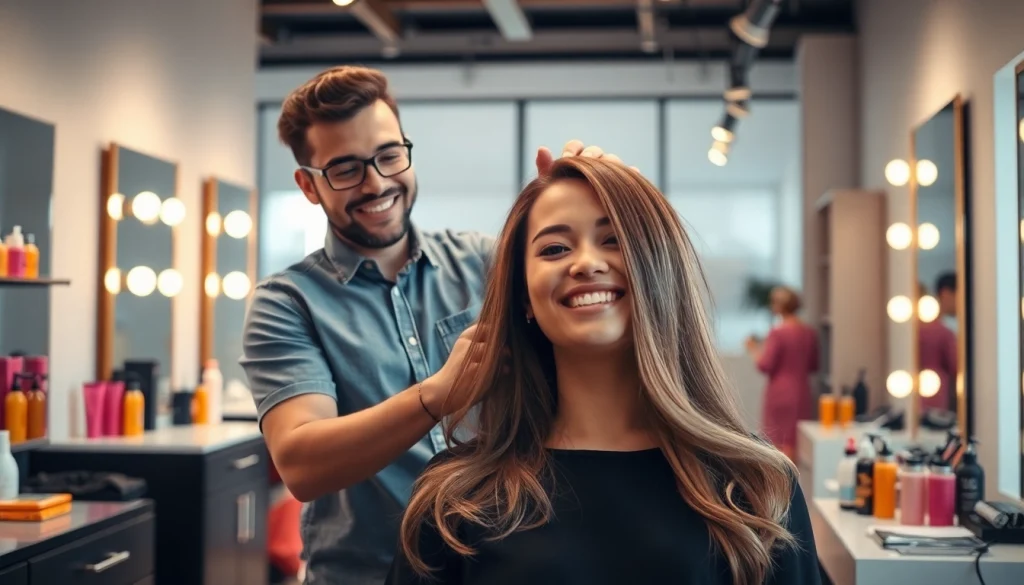 Coafat bucuresti - Hairstylist transforming a client's look in a welcoming salon.