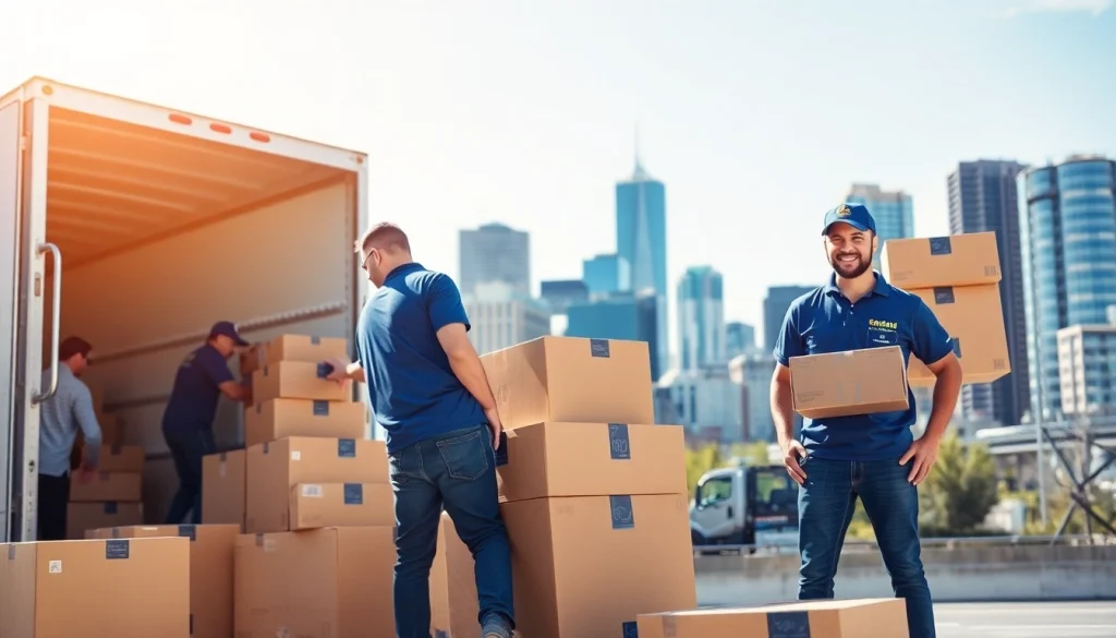 Long distance movers Calgary efficiently loading boxes into a truck against a city skyline.