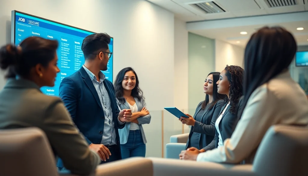 Find a job board for sales roles as a professional leads job seekers in a modern office.