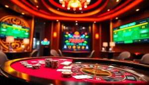 Starry casino setting displaying 789f link, luxurious poker table, and roulette wheel.