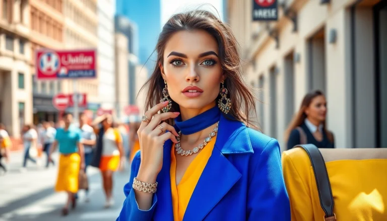 Model showcasing vibrant beauty and style outfits with trendy accessories in an urban setting.