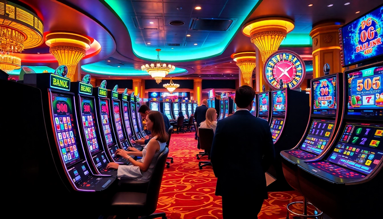 Experience PG slot excitement as players engage with vibrant slot machines in a luxurious casino setting.