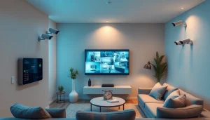 Alarmas de seguridad integradas en un sistema doméstico moderno con cámaras de vigilancia y panel de alarma.