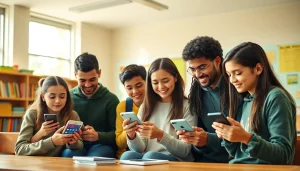 Students using smartphone solution in school life to collaborate on a project in a bright classroom.