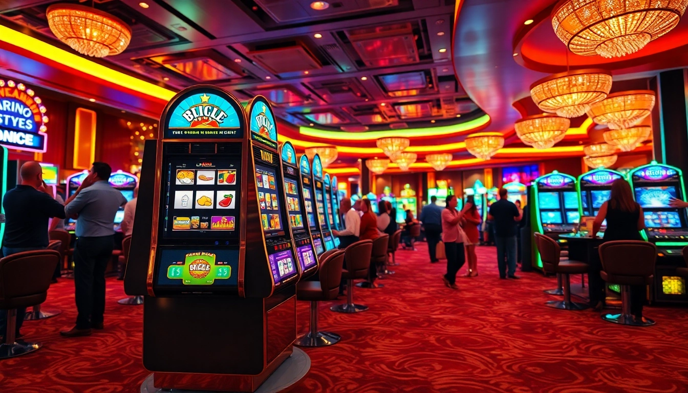 Jelajahi situs slot demo yang menarik dalam suasana kasino yang hidup dan penuh warna.