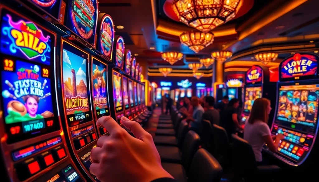 Gambling enthusiasts experience excitement at slot machines in a vibrant casino setting