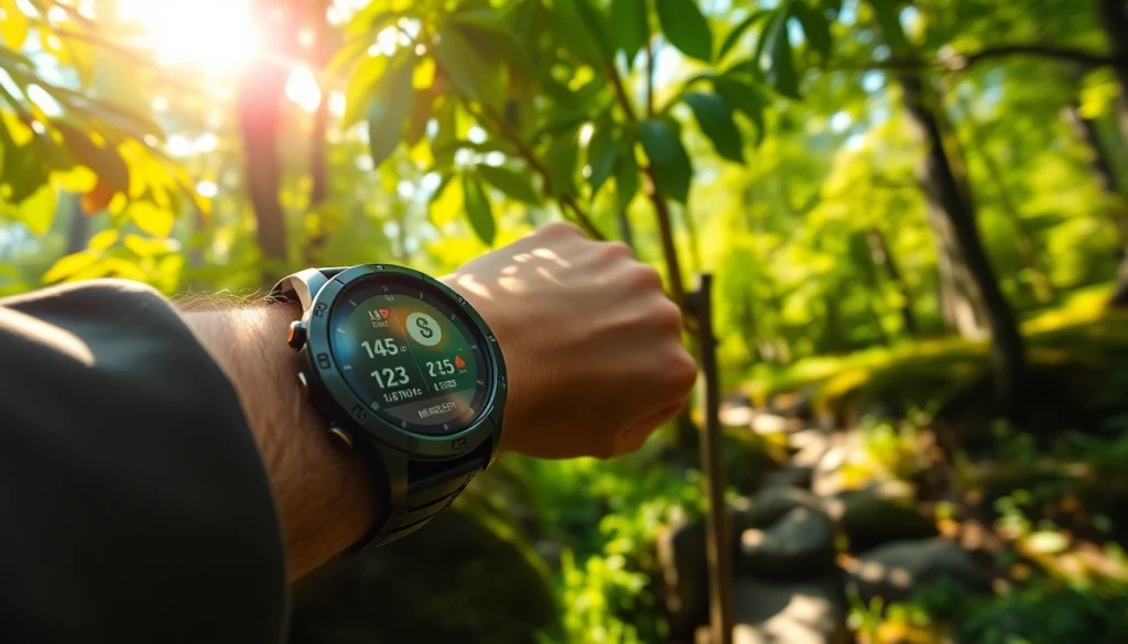 Person using Explorer GPS Smart Watch in a vibrant forest setting during an adventurous hike.