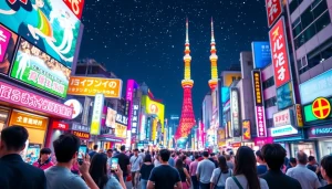 日本のトレンドトピックを紹介する活気ある森の街並みの画像