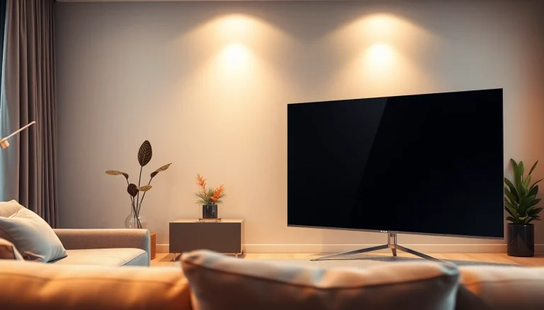 Telewizor w nowoczesnym salonie z wyrafinowanym designem i wyraźnym obrazem.