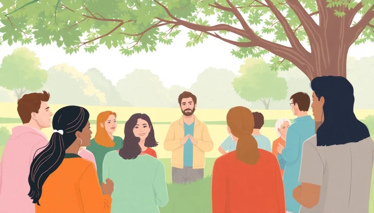 Engaging community gathering promoting mental health awareness, capturing a supportive atmosphere.