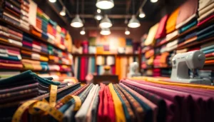 Bekijk stoffen webshop nederland met een kleurrijke selectie van stofstalen in een elegante winkelomgeving.