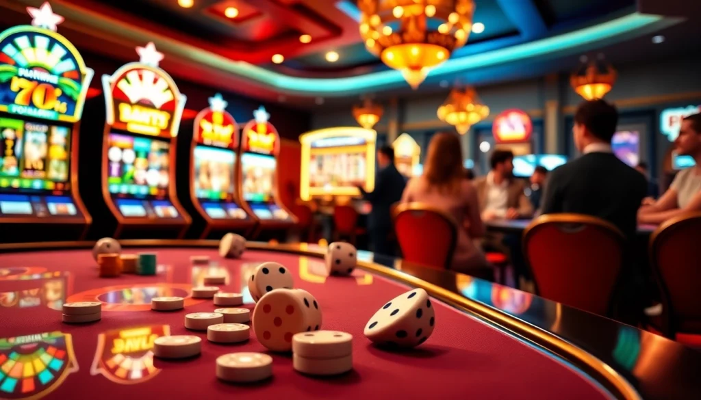 Players engaging with XX88 COM at a vibrant casino table with colorful chips and slot machines.