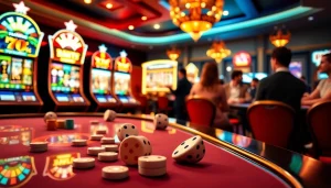 Players engaging with XX88 COM at a vibrant casino table with colorful chips and slot machines.