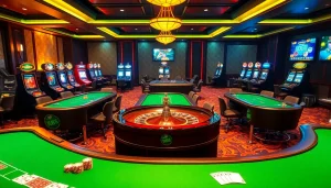 RR88 players engaging at luxurious casino tables with colorful chips and excitement.