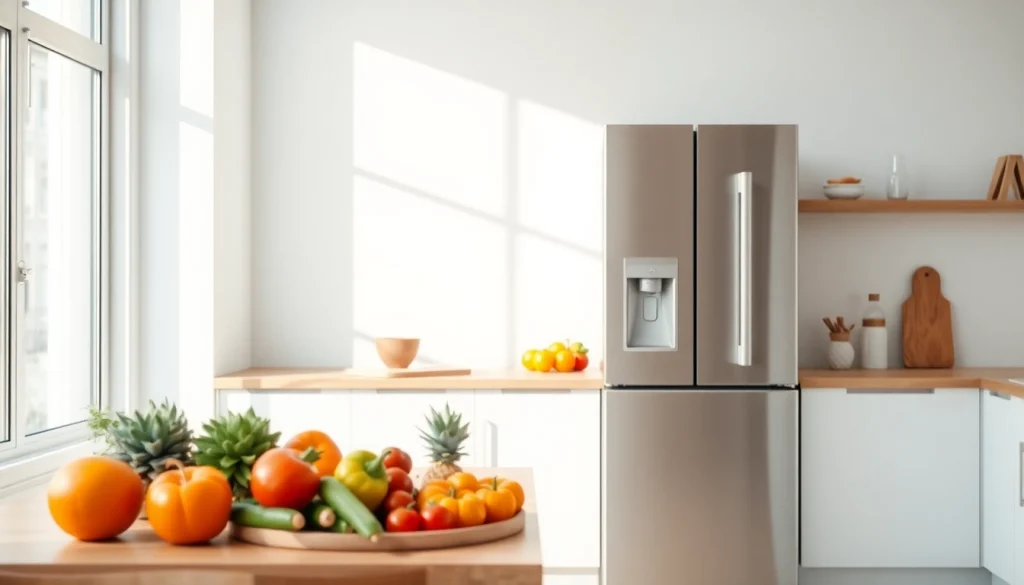 Refrigerator displaying a sleek design and modern features in a bright kitchen setting.