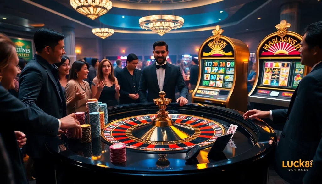 Luck8 casino scene featuring a luxurious roulette table with thrilled players.