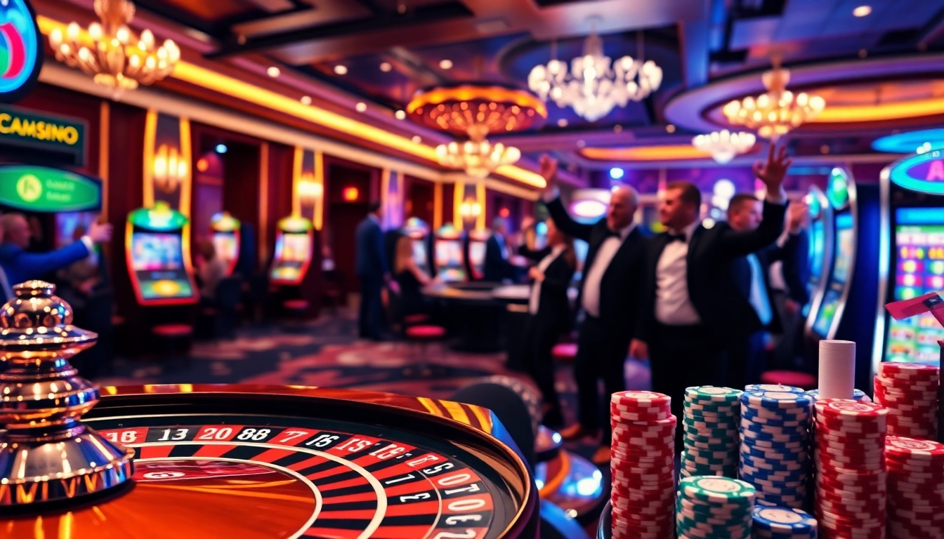 Une scène vibrante du meilleur casino en ligne mettant en avant des roues de roulette, des jetons de poker et des interfaces de jeu, promouvant l'excitation du jeu.