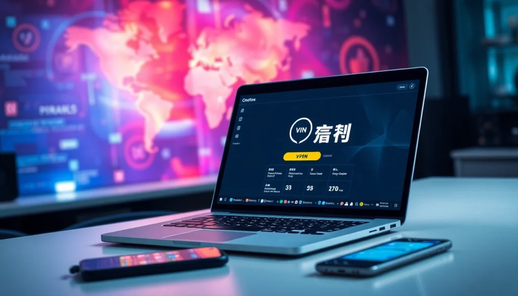 在现代工作空间的时尚笔记本上显示着快连 VPN 软件界面，宣传全球安全连接。