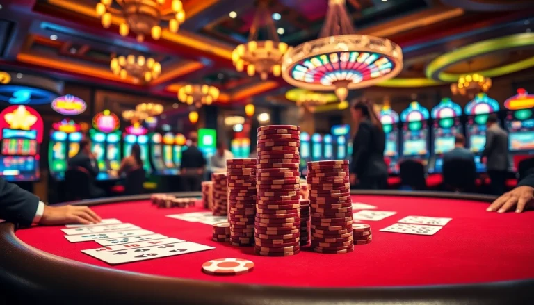 Des joueurs profitant d'un jeu passionnant dans un casino en ligne avec des jetons de poker et des cartes sur une table vibrante.